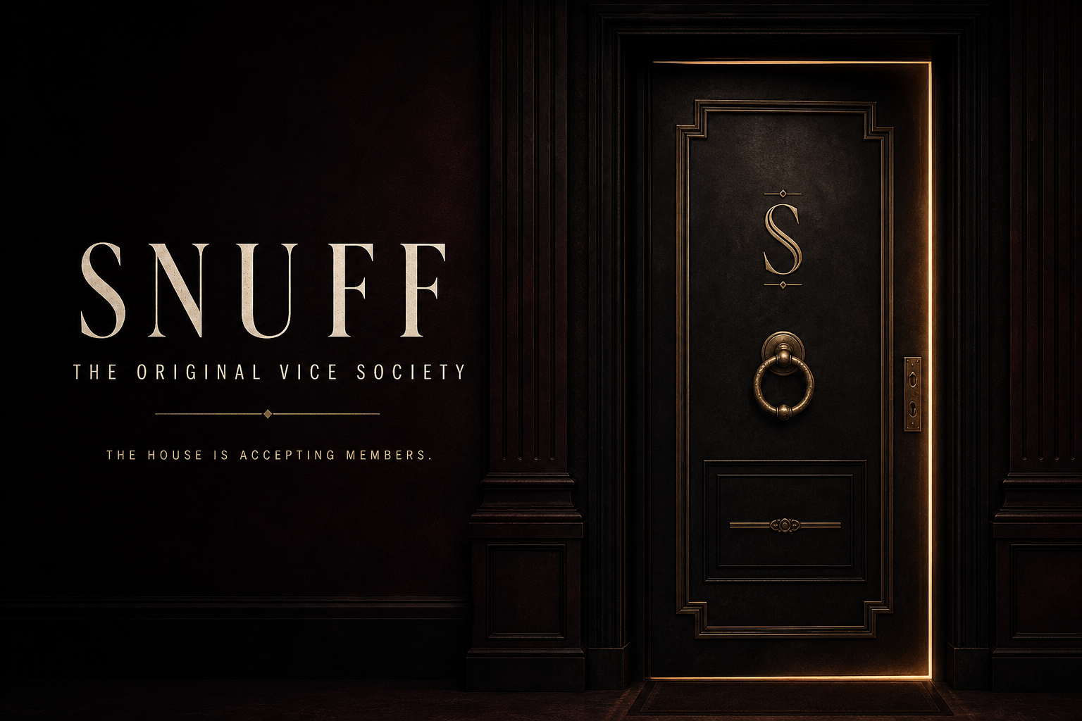 SNUFF private club entrance with a black Art Deco door and brass knocker